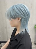 【GEEKS渋谷】センターパートウルフ/ペールブルー/中性ヘア