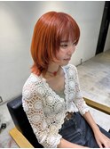 外ハネレイヤー　ウルフボブ　オレンジカラー　ネオンカラー