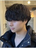原宿メンズマッシュウルフ無造作シャドウパーマツーブロック黒髪