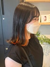 ホーム(HOME) ブリーチインナーカラーオレンジカラー前髪カット外ハネボブ