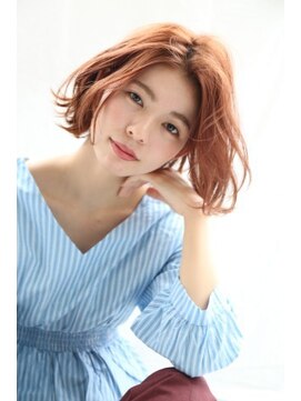 ネオリーブアイム 横浜西口店(Neolive aim) 前下がりボブ 低温デジタルパーマ オレンジ切りっぱなしボブ