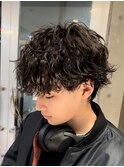メンズウルフ波巻きツイストスパイラルMIXツーブロックパーマ