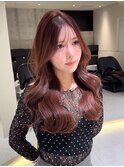 ★丸型逆三角ホワイトグレージュデジタルパーマチェリーブラウン