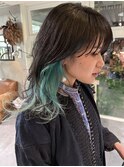 レイヤーカット　インナーカラー　ミントグリーン　ダブルカラー