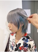 ハイトーングレー（シルバーカラー）×ブルーカラーウルフカット