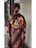 成人式 ヘアセット 着付け 編み下ろし玉ねぎヘア 金箔  水引き