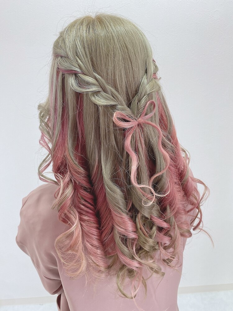 三つ編みリボンヘアアレンジ/インナーカラー/エクステ：L162317854 