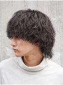 メンズミディアムパーママッシュウルフカット波巻きスパイラル