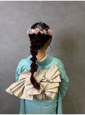 和装成人式編み下ろしゆるふわポニーテールヘアアレンジ