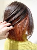 インナーカラー（暖色のオレンジ）エギョモリ,センター分けボブ