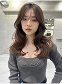 韓国ヘアレイヤーロンググレーベージュ前髪パーマ黒髪