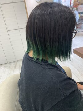 ソワン ドゥ ブレス 立花店(soin de brace) グリーン×裾カラー/黒髪/小顔/似合わせカット/ダークアッシュ