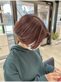 髪質改善ピンクレッドハイライトカラー丸みショートボブ前髪なし