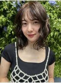 小顔ミディアムパーマボブルフワンレンネビージュボブパーマ黒髪