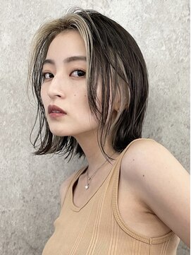 サンク 原宿 表参道(cinq) インナーカラーベージュショートボブ黒髪ボブ前髪インナーカラー