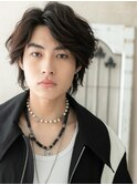 七三分けカジュアル黒髪メンズパーマウルフ韓国ヘアI南越谷