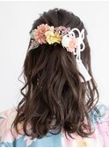 ミディアムヘアの卒業式袴の編みおろしハーフアップヘアアレンジ