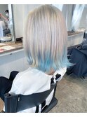 ホワイトシルバー裾カラー水色/ケアブリーチデザインカラー/