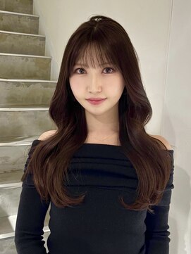 ロングレイヤー前髪顔周りカットブリーチなしヘーゼルブラウン