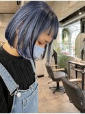 【cres奈佳子】ペールブルー×ネイビー、切りっぱなしボブ