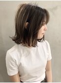 小顔斜めバング大人ガーリー外ハネボブワンカールくすみベージュ
