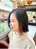 前髪なしミディ 黒髪暗髪+ピンクベージュインナーカラー