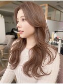 小顔ロングレイヤーカットマロンベージュワンレンウェーブ巻き髪