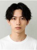 ニュアンスパーマ センターパート ツーブロック 黒髪 20代