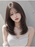 ミディアムレイヤー韓国ヘア顔周りレイヤーべージュカラー前髪