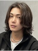 大分メンズボブサーフカール波巻きパーマセンターパートウルフ