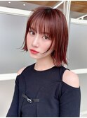 顔周りぱっつんシースルー外ハネボブチェリーピンクブラウン