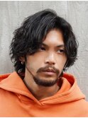 メンズミディアムパーママッシュウルフカット波巻きスパイラル