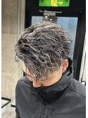メンズパーマホワイトメッシュ縦落ちツイスパ