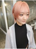 ケアブリーチハイトーンピンクベージュカラーウルフカット