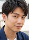 七三ビジネス黒髪マッシュツーブロック刈り上げメンズヘア