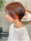 オレンジベージュ、インナーカラー、丸みショート、ショートボブ