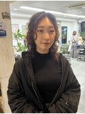 ミニウルフデジタルパーマチェリーブラウボブレイヤーカット