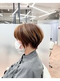 髪質改善トリートメント_マロンベージュ Aラインボブ かきあげ
