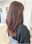 福山人気caaryピンクブラウン巻き髪ロングヘア愛され斜めバング