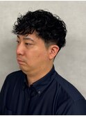 メンズツーブロックアッシュブラックパーマスタイル【新大阪】