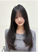 横浜くびれ韓国ハッシュカットレイヤーロングブルーブラック