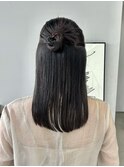 結婚式ヘアアレンジハーフアップお団子ヘアカチモリ20代30代