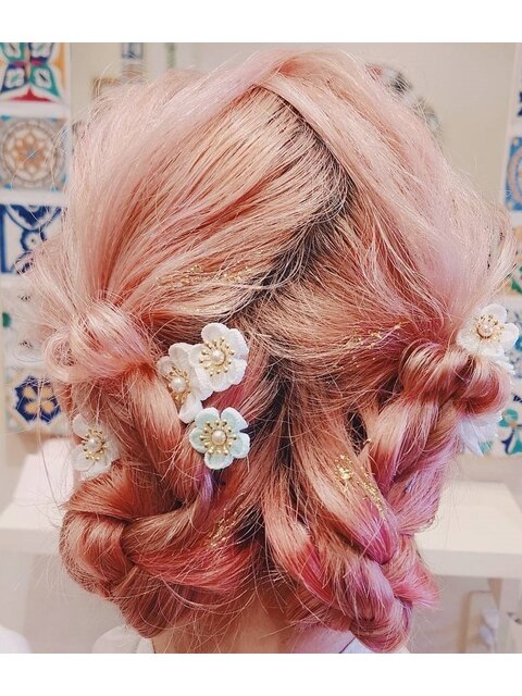 ピンク可愛い編み込みヘアセットハイトーン成人式和装