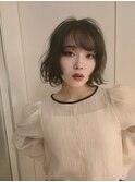 ワンカールボブルフ小顔くすみベージュレイヤー韓国前髪黒髪