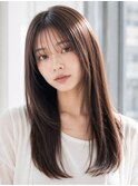 顔周りカットダークブラウンレイヤーセミロング