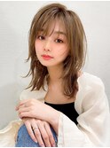 ミニウルフ前髪パーマ韓国くびれミディアムチェリーブラウン