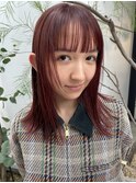 暖色カラーダブルカラーボルドーカラー前髪カットミディアムボブ