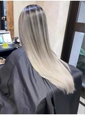 バレイヤージュ、ハイライト、レイヤーロング、グレーベージュ