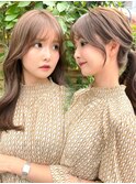 20代30代40代◎前髪パーマ韓国風巻きくすみベージュお団子ヘア