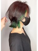【morio原宿】インナーカラーくびれボブ朝楽ヘア人工芝グリーン
